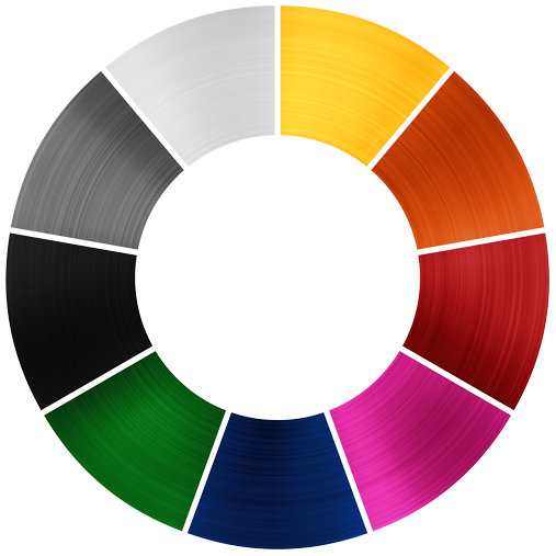 RAXIMO Farbkreis mit 9 charakteristischen RAXIMO Eloxal Farben
